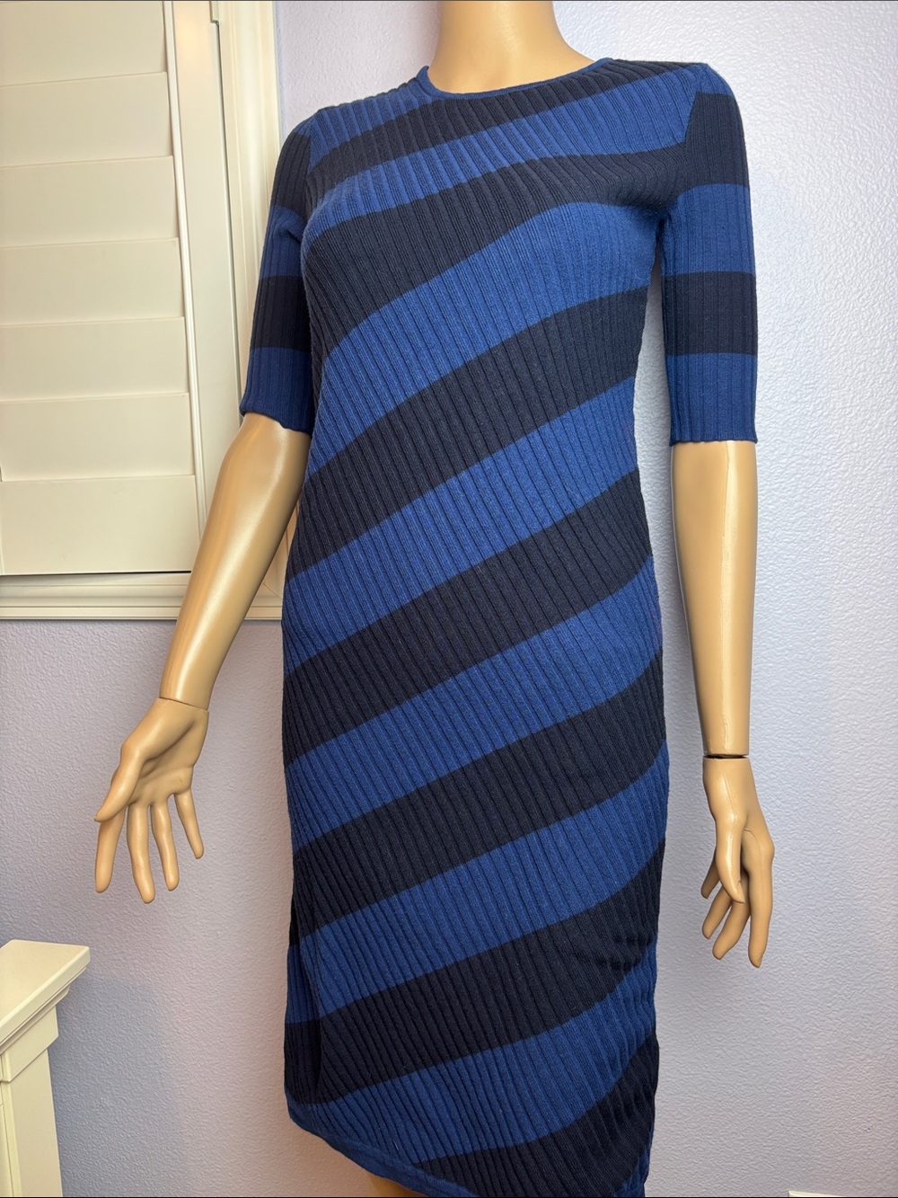 A Pea in the Pod Maternity Ribbed Knit Stripe Midi Dress - Blue & Black